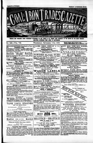 cover page of Midland & Northern Coal & Iron Trades Gazette published on September 17, 1879
