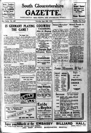 cover page of South Gloucestershire Gazette published on June 18, 1932