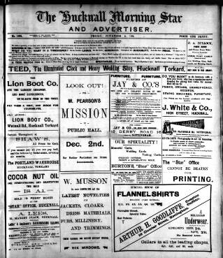 cover page of Hucknall Morning Star and Advertiser published on November 2, 1906