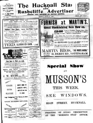cover page of Hucknall Morning Star and Advertiser published on June 18, 1909