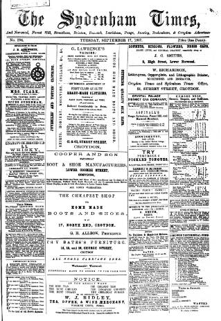 cover page of Sydenham Times published on September 17, 1867