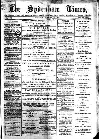 cover page of Sydenham Times published on February 2, 1869