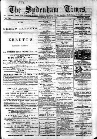 cover page of Sydenham Times published on May 2, 1876