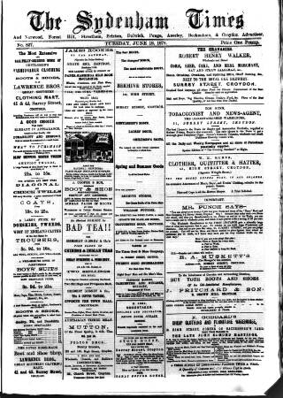 cover page of Sydenham Times published on June 18, 1878