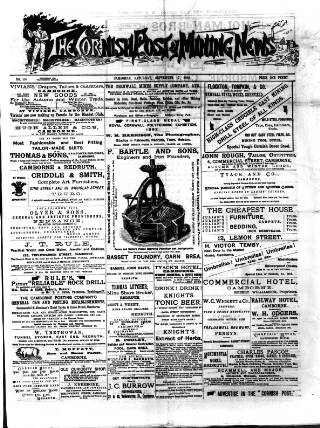 cover page of Cornish Post and Mining News published on September 17, 1892