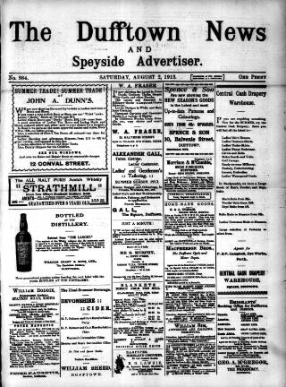 cover page of Dufftown News and Speyside Advertiser published on August 2, 1913