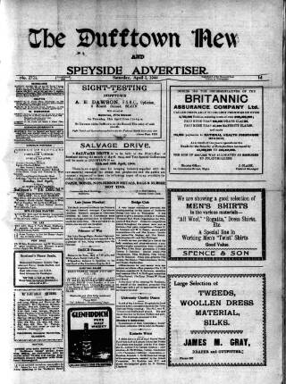 cover page of Dufftown News and Speyside Advertiser published on April 1, 1944