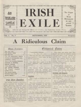 cover page of Irish Exile published on September 1, 1921