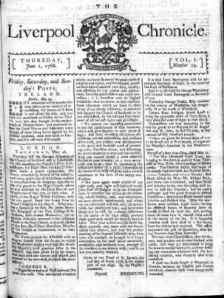 cover page of Liverpool Chronicle 1767 published on June 2, 1768