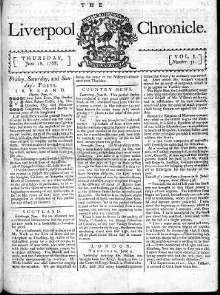 cover page of Liverpool Chronicle 1767 published on June 16, 1768