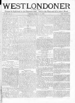 cover page of West Londoner published on September 14, 1872