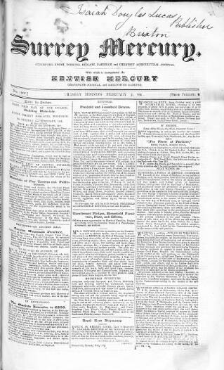 cover page of Surrey Mercury published on February 2, 1847