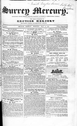 cover page of Surrey Mercury published on May 4, 1847