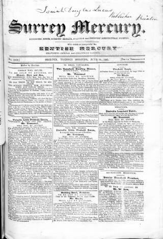 cover page of Surrey Mercury published on June 15, 1847