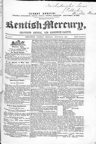 cover page of Surrey Mercury published on August 24, 1847