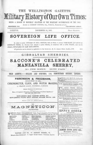 cover page of Wellington Gazette and Military Chronicle published on November 15, 1875