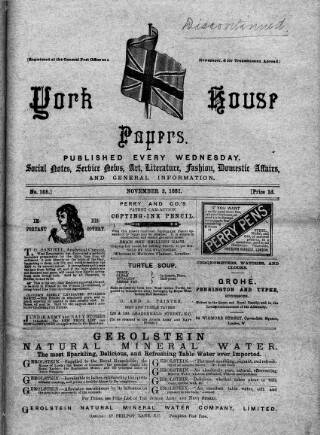 cover page of York House Papers published on November 2, 1881