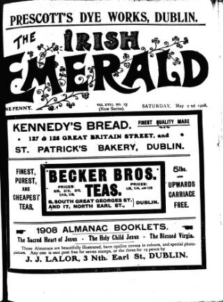 cover page of Irish Emerald published on May 2, 1908