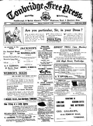 cover page of Tonbridge Free Press published on February 2, 1923