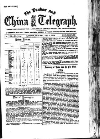 cover page of London and China Telegraph published on February 2, 1874