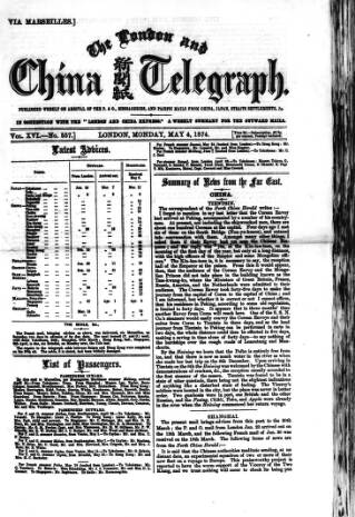 cover page of London and China Telegraph published on May 4, 1874