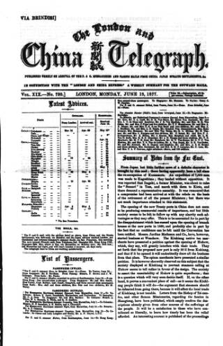 cover page of London and China Telegraph published on June 18, 1877