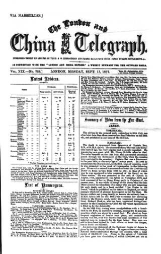 cover page of London and China Telegraph published on September 17, 1877