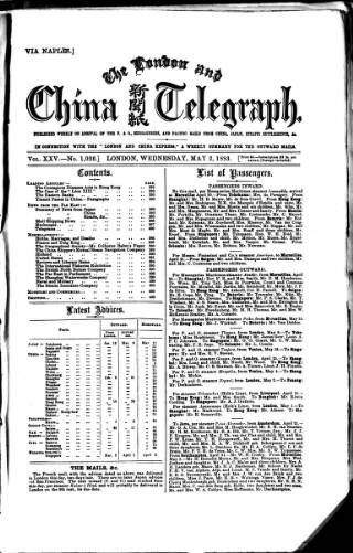 cover page of London and China Telegraph published on May 2, 1883