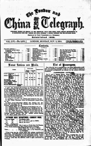 cover page of London and China Telegraph published on November 2, 1914