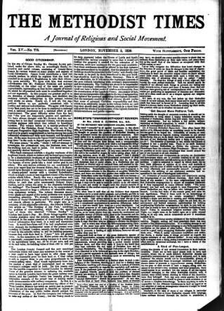 cover page of Methodist Times published on November 2, 1899