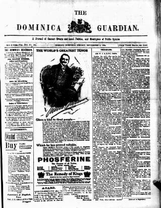 cover page of Dominica Guardian published on November 2, 1906