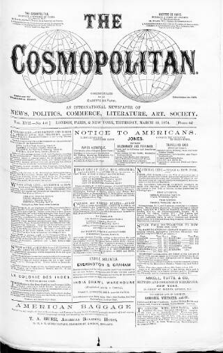 cover page of Cosmopolitan published on March 19, 1874