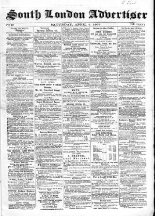 cover page of South London Advertiser published on April 4, 1863