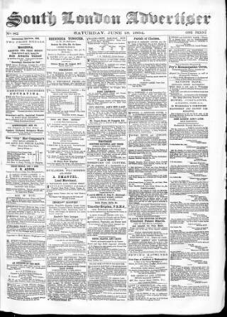 cover page of South London Advertiser published on June 18, 1864