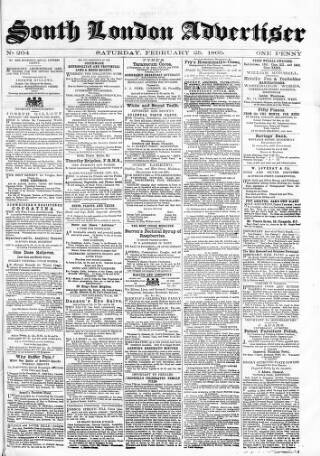 cover page of South London Advertiser published on February 25, 1865