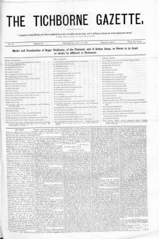 cover page of Tichborne Gazette published on May 27, 1874