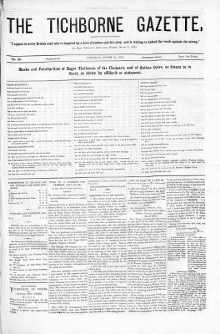 cover page of Tichborne Gazette published on August 29, 1874