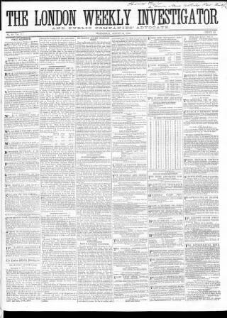 cover page of London Weekly Investigator published on August 13, 1856