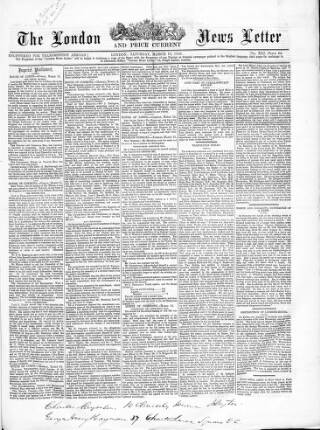 cover page of London News Letter and Price Current published on March 19, 1859
