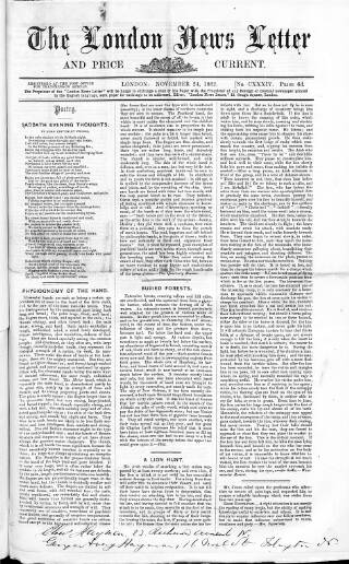 cover page of London News Letter and Price Current published on November 24, 1862