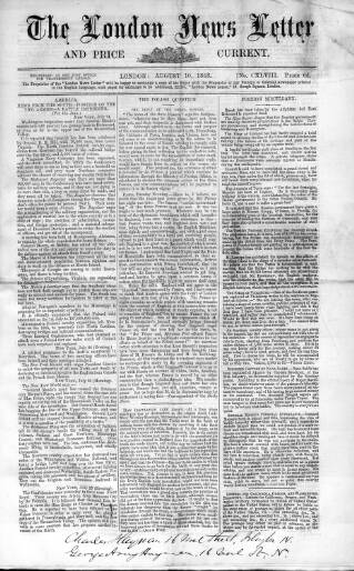 cover page of London News Letter and Price Current published on August 10, 1863