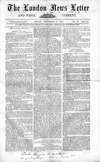 cover page of London News Letter and Price Current published on September 17, 1863
