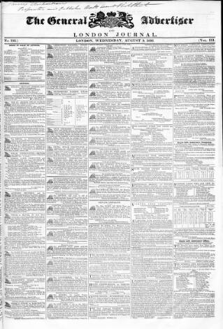cover page of Town and Country Advertiser published on August 3, 1836