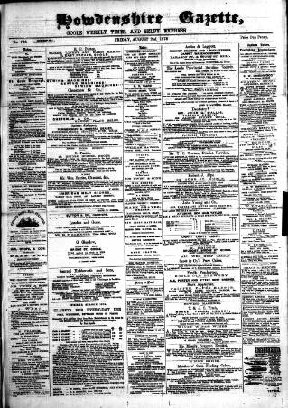 cover page of Howdenshire Gazette published on August 2, 1878