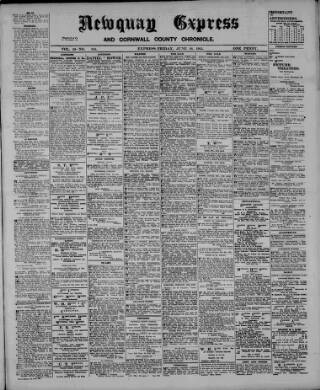 cover page of Newquay Express and Cornwall County Chronicle published on June 18, 1915