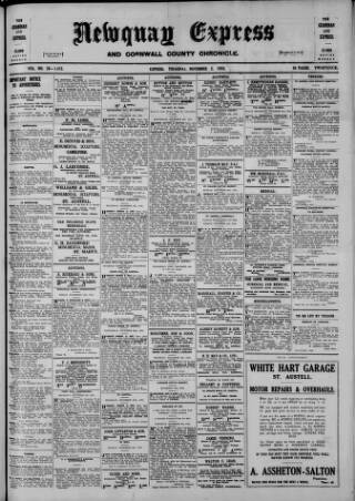 cover page of Newquay Express and Cornwall County Chronicle published on November 2, 1933