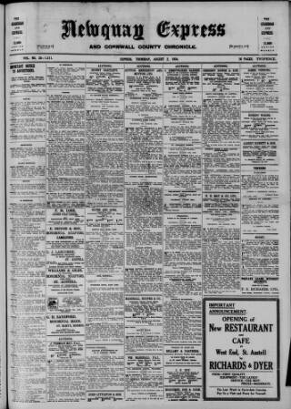 cover page of Newquay Express and Cornwall County Chronicle published on August 2, 1934
