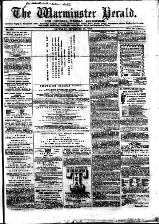 cover page of Warminster Herald published on September 17, 1864