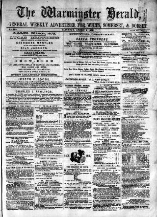 cover page of Warminster Herald published on August 2, 1873
