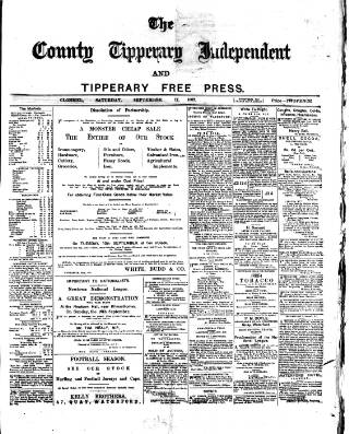 cover page of County Tipperary Independent and Tipperary Free Press published on September 17, 1887